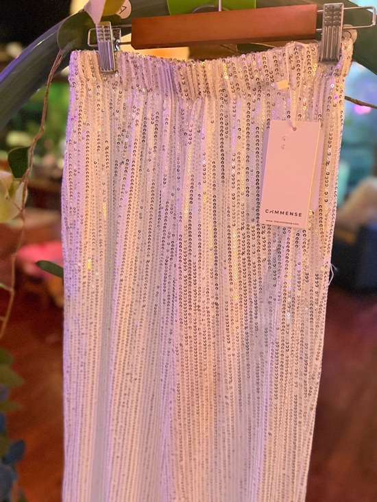 Commense Pants - Commense Silver Sequin Wide-Leg Pants